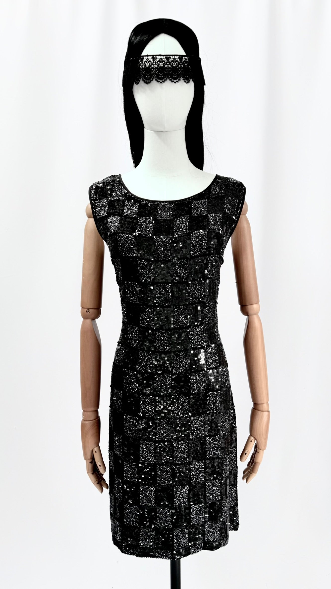 Beaded & Sequined Checkered Pattern Dress